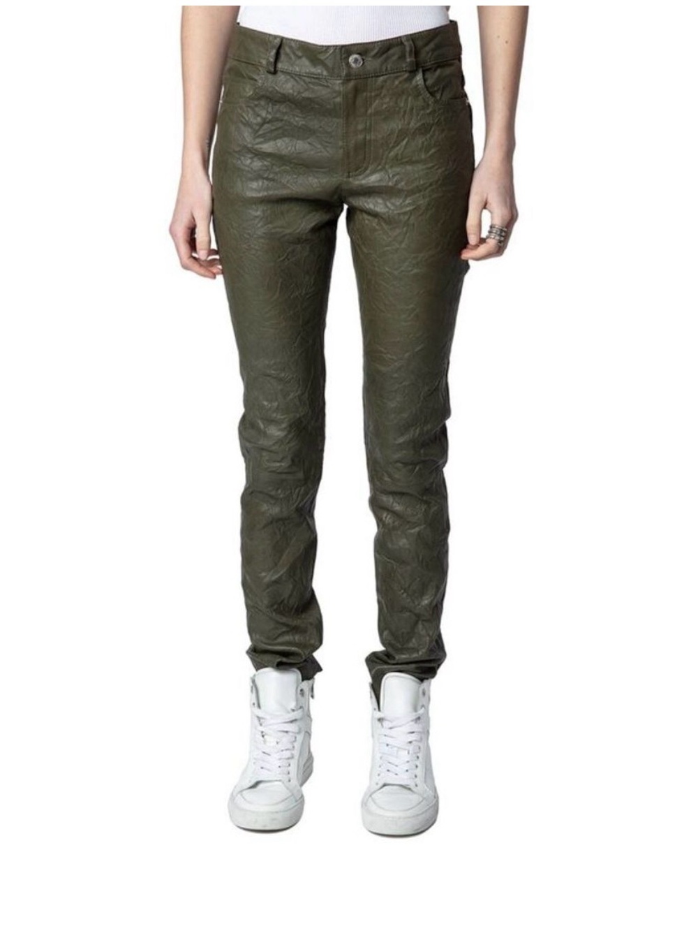 Zadig & Voltaire Phlame Cuir Froisse Crinkle Leather Pants 34 XS Green Fall Chic